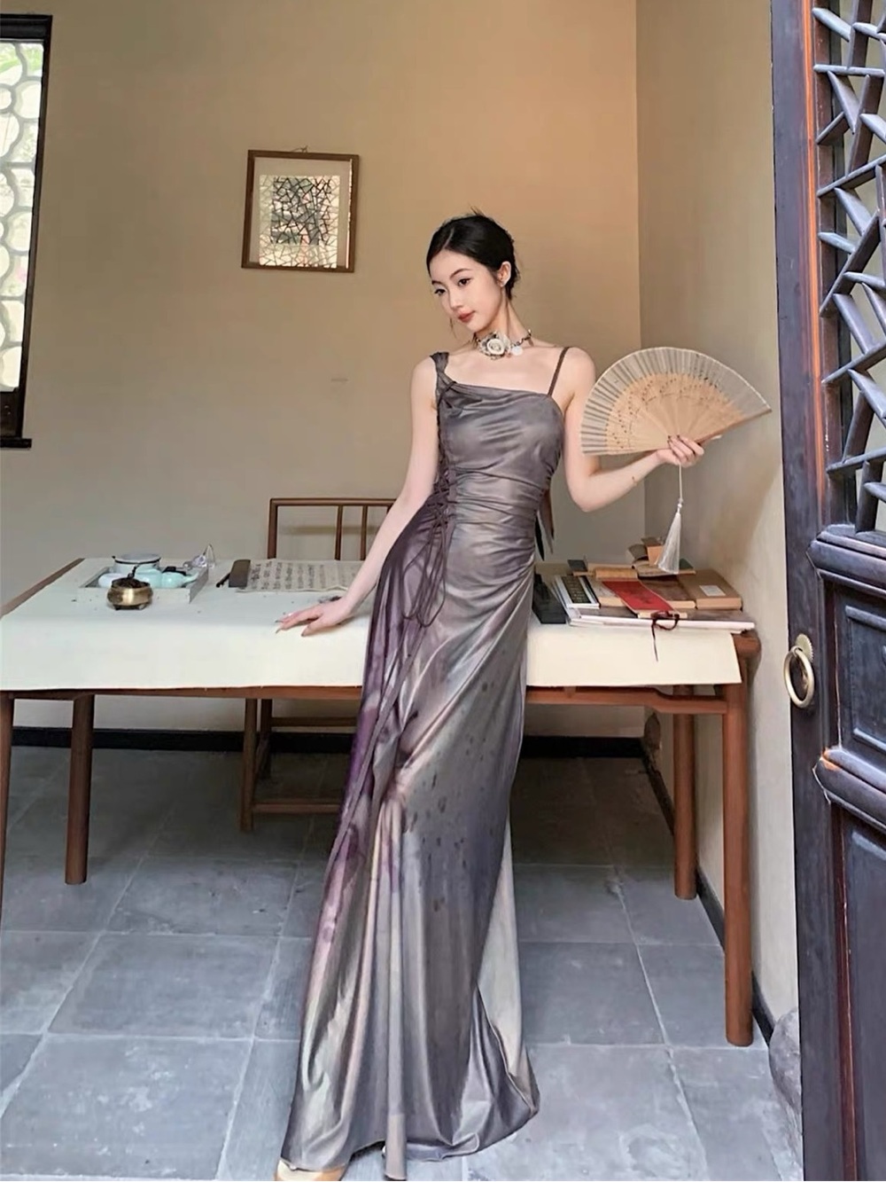 WALK IN DARK Asymmetric Lace-Up Maxi Dress | Size M | Sheer Brown